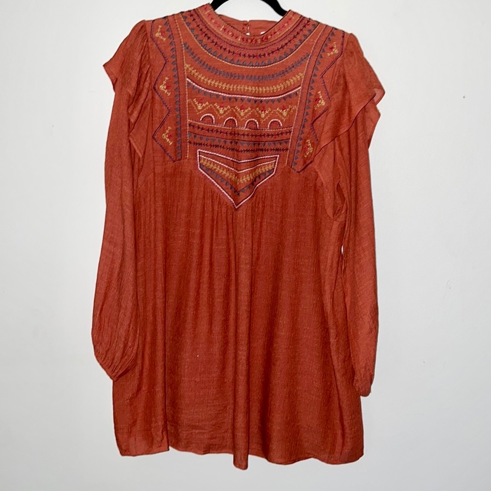 Rust Boho Flowy Peasant Embroidered Floral Dress Size M